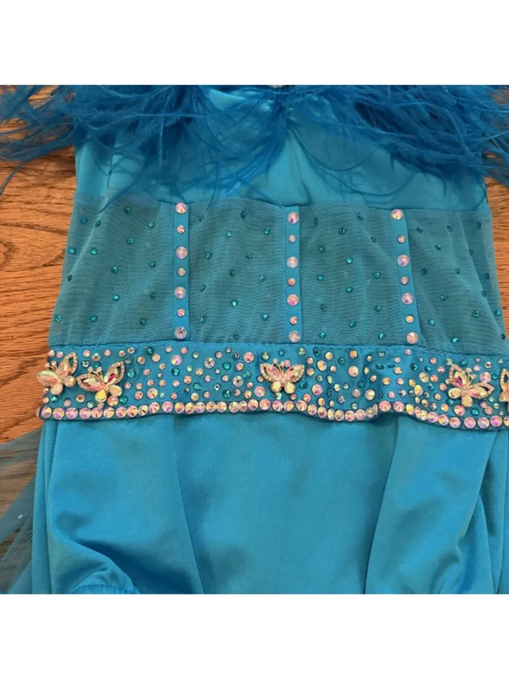 Kelle Costumes Large Child Blue Jazz Tap Musical Theater Feathers Rhinestones
